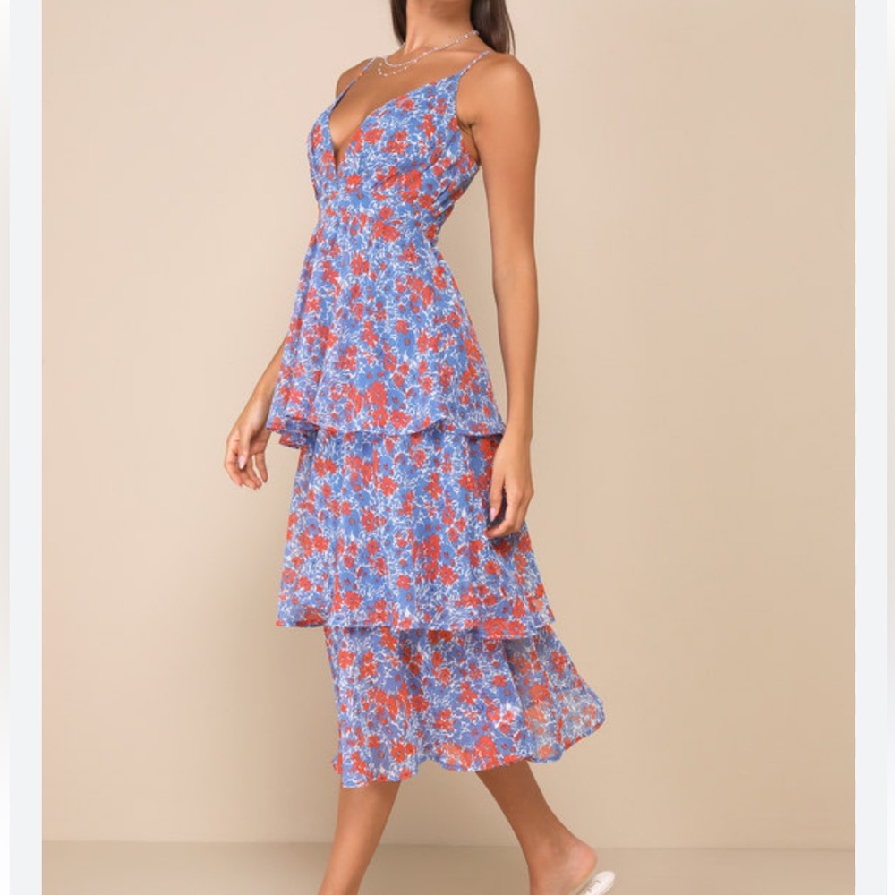 Lulu's Blue and Red Floral Tiered Midi Dress